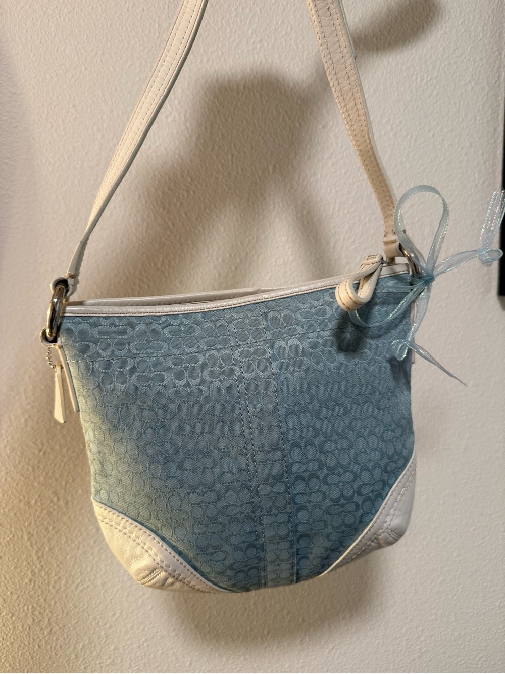 Coach Jacquard Light Blue and White Women's Shoulder Bag